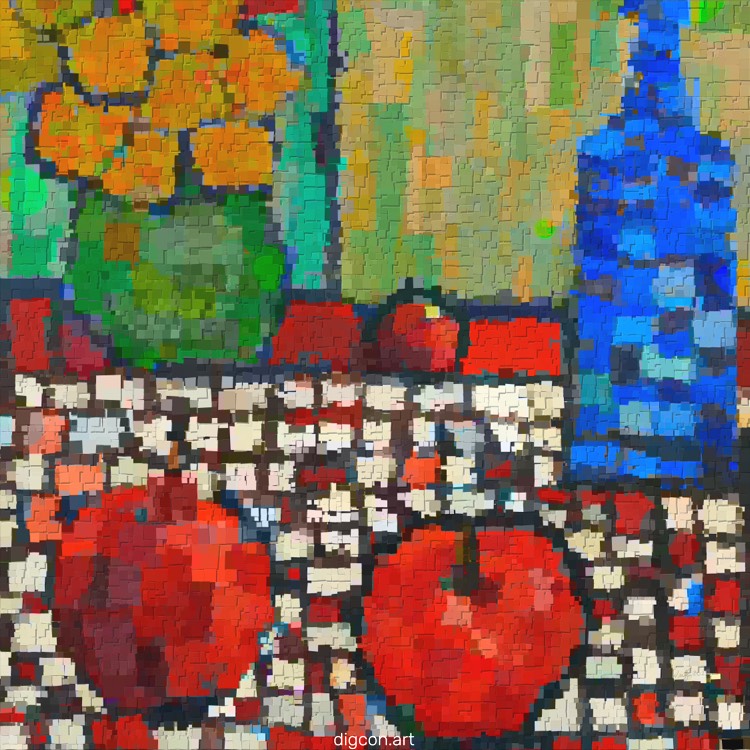 Still Life, Apples, Vase, Bottle